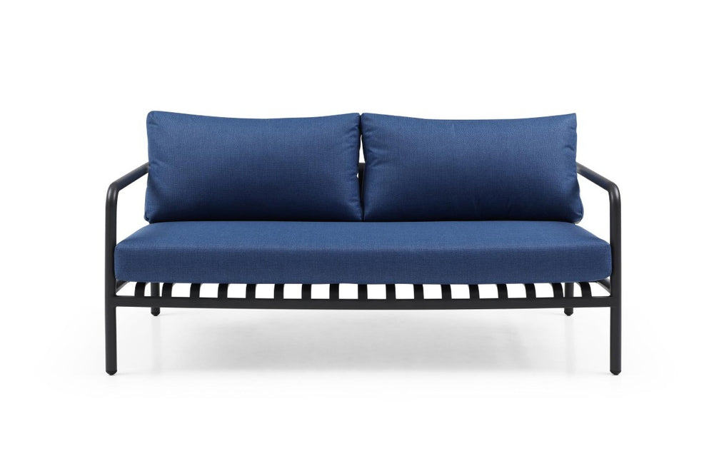 HomeRoots Four Piece Outdoor Sofa Set with Cushioned Seating Metal Frame and Side Table for Patio Dark Gray / Blue 63" W x 23" H x 37" D 717499