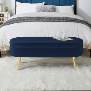 English Elm Ottoman Oval Flannel Storage Bench with Matte Metal Legs for Bedroom or Living Room Dark Blue W487P438630