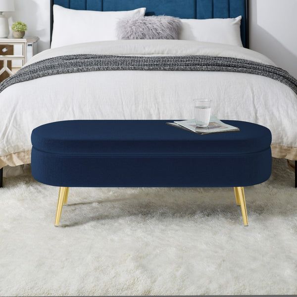 English Elm Ottoman Oval Flannel Storage Bench with Matte Metal Legs for Bedroom or Living Room Dark Blue W487P438630