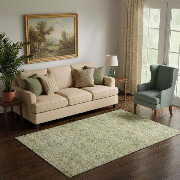 HomeRoots 8' Green and Beige Abstract Round Rug - Washable, UV-Protected, Stylish for High-Traffic Areas 717509