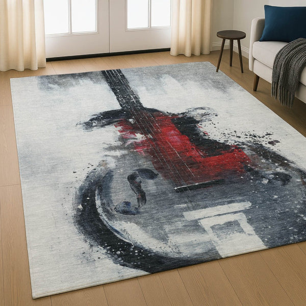HomeRoots 8' Gray and Red Abstract Washable Round Rug - Stain Resistant, UV Protected, Non-Slip for Durability 717533