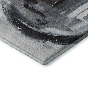 HomeRoots 8' Gray and Red Abstract Washable Round Rug - Stain Resistant, UV Protected, Non-Slip for Durability 717533
