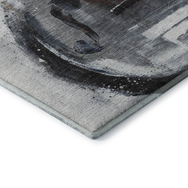 HomeRoots 8' Gray and Red Abstract Washable Round Rug - Stain Resistant, UV Protected, Non-Slip for Durability 717533