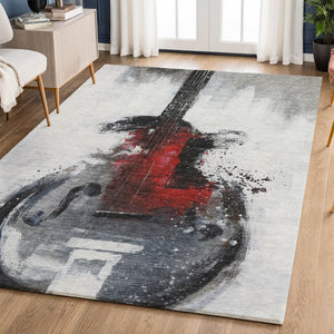 HomeRoots 8' Gray and Red Abstract Washable Round Rug - Stain Resistant, UV Protected, Non-Slip for Durability 717533