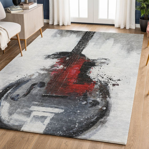 HomeRoots 8' Gray and Red Abstract Washable Round Rug - Stain Resistant, UV Protected, Non-Slip for Durability 717533