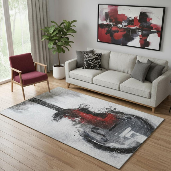 HomeRoots 8' Gray and Red Abstract Washable Round Rug - Stain Resistant, UV Protected, Non-Slip for Durability 717533