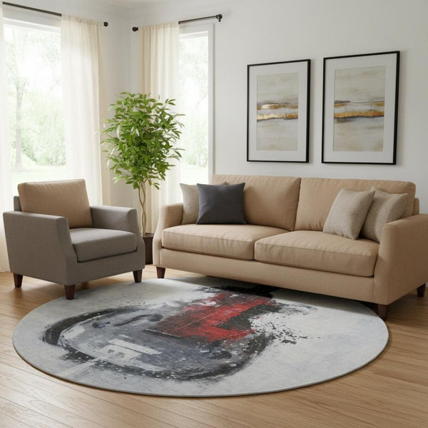 HomeRoots 8' X 10' Modern Gray and Red Abstract Washable Area Rug with UV Protection for High-Traffic Spaces 717534