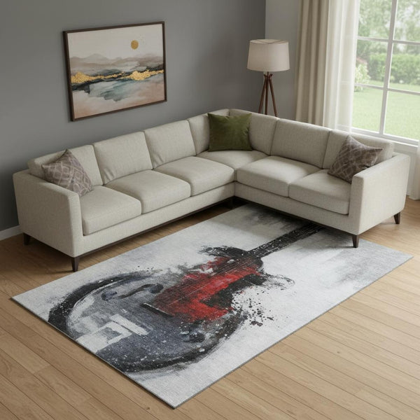 HomeRoots 10' X 14' Gray And Red Abstract Area Rug - Washable, UV Protected, Stain Resistant for Modern Homes 717536