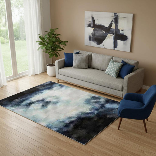 HomeRoots 8' Blue And Ivory Abstract Round Rug – Washable, UV-Protected, Durable Design for Busy Homes 717539