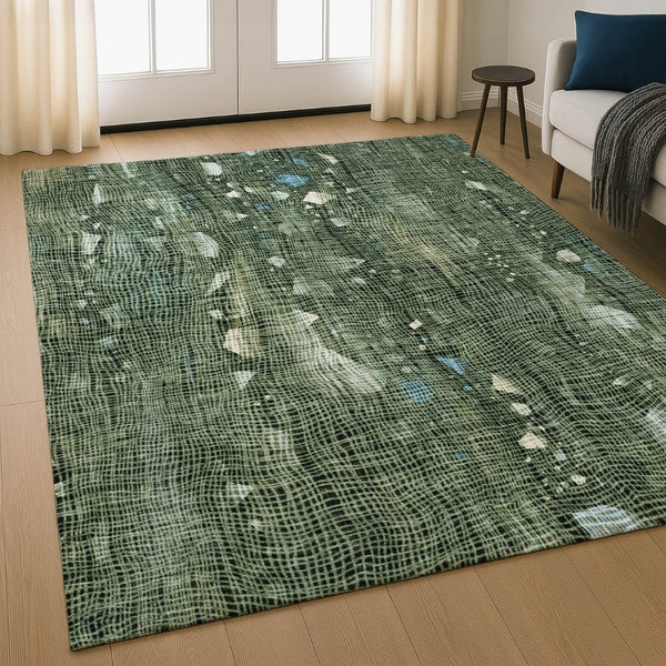 HomeRoots 5' X 8' Vibrant Fern Green & Blue Abstract Washable Area Rug with UV Protection for Busy Homes 717550