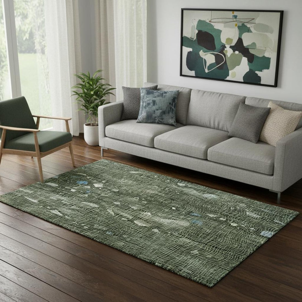 HomeRoots 8' Fern Green and Blue Abstract Washable Round Rug - UV Protected, Stain Resistant, Modern Design 717551
