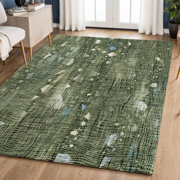 HomeRoots 9' X 12' Abstract Fern Green and Blue Area Rug – Washable, Stain Resistant, UV Protected for Homes 717553