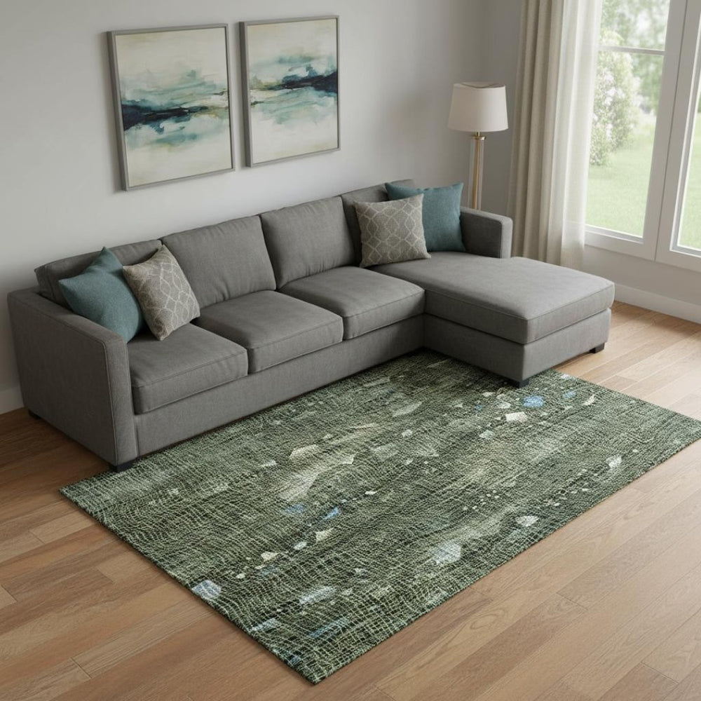 HomeRoots 10' X 14' Fern Green & Blue Abstract Area Rug – Washable, UV Protected, Low Maintenance for Any Space 717554