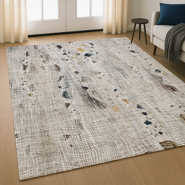 HomeRoots 5' X 8' Washable Linen and Beige Abstract Area Rug with UV Protection for High-Traffic Homes 717556