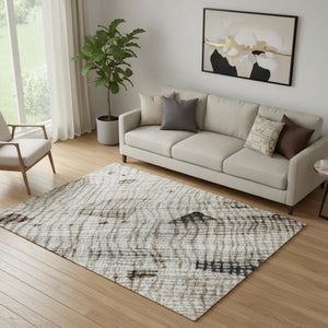 HomeRoots 8' Washable Round Rug in Linen and Beige - UV Protected, Stain-Resistant, Modern Abstract Design 717557
