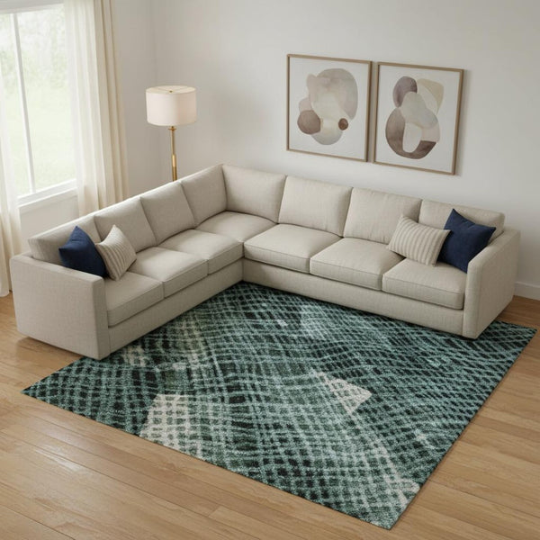 HomeRoots 10' X 14' Teal and Ivory Abstract Area Rug - Washable, UV-Protected, Durable for Busy Homes! 717566