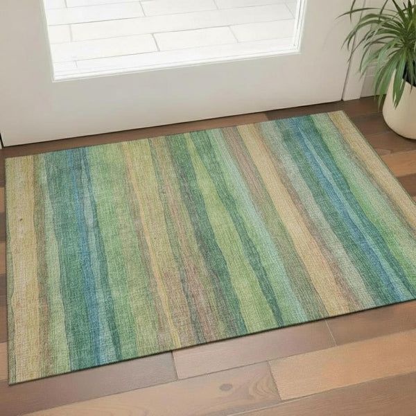 HomeRoots 5' X 8' Sage and Peach Striped Washable Area Rug - Stylish UV-Protected Design for Family Homes 717568