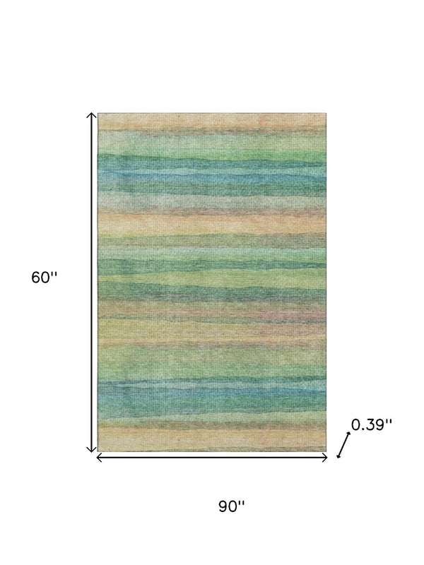 HomeRoots 8' Sage and Peach Striped Round Rug - Washable, UV-Protected, Durable, Perfect for Homes with Kids & Pets 717569
