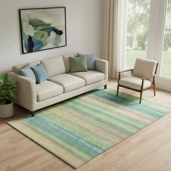 HomeRoots 8' Sage and Peach Striped Round Rug - Washable, UV-Protected, Durable, Perfect for Homes with Kids & Pets 717569