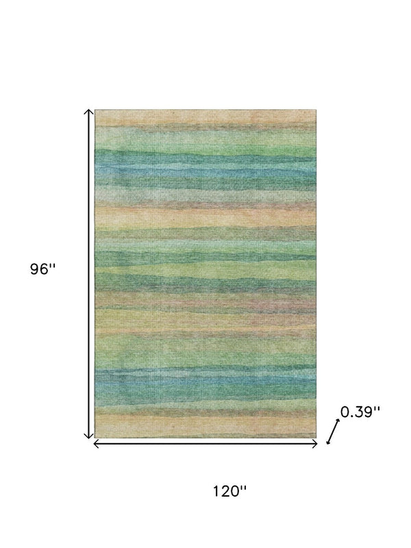 HomeRoots 9' X 12' Sage and Peach Striped Washable Area Rug - Stain Resistant, UV Protected, Easy Care Comfort 717571