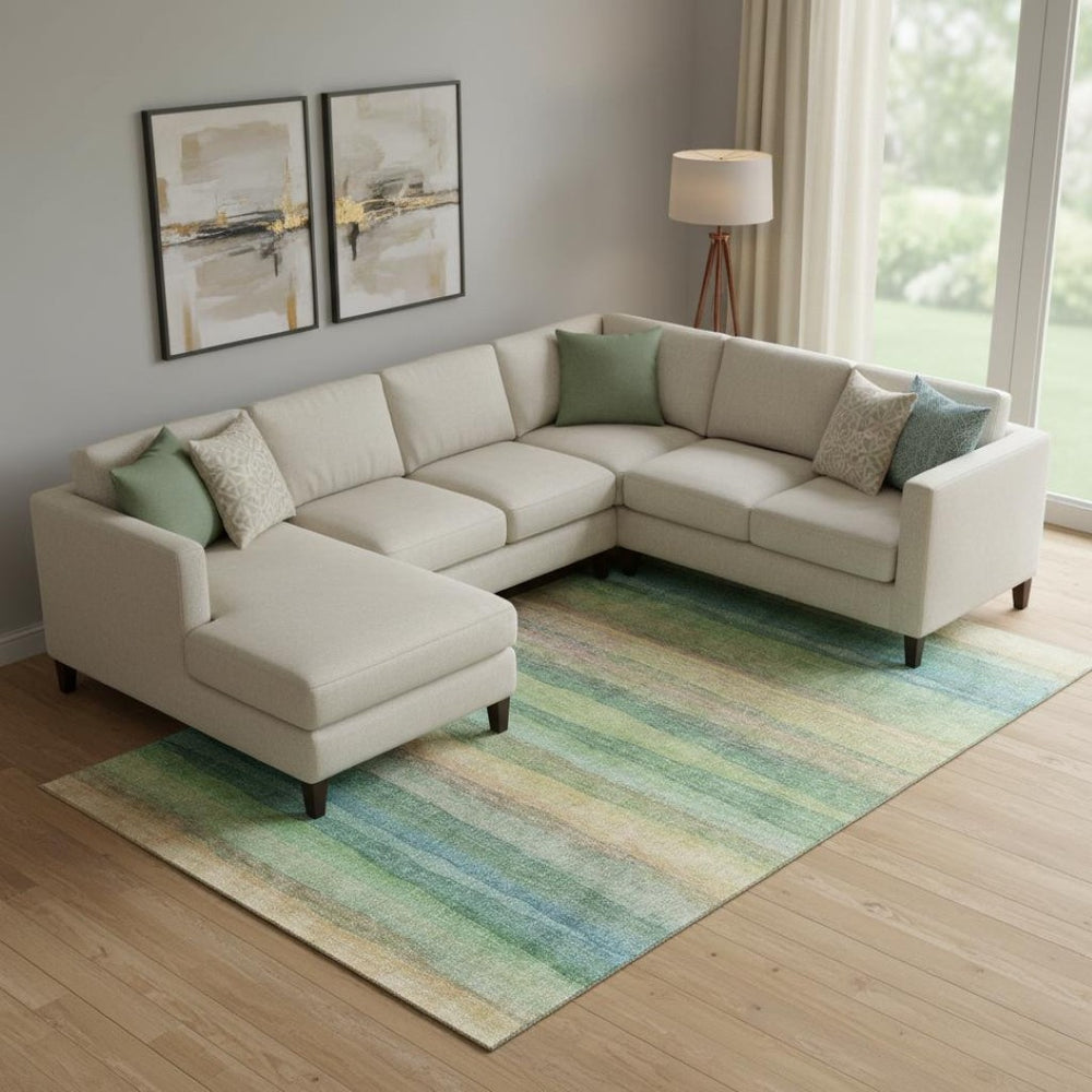 HomeRoots 9' X 12' Sage and Peach Striped Washable Area Rug - Stain Resistant, UV Protected, Easy Care Comfort 717571