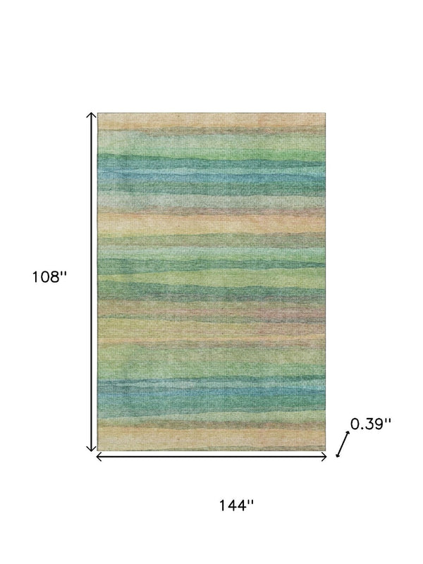 HomeRoots 10' X 14' Sage and Peach Striped Area Rug – Washable, UV-Protected, Non-Slip for Indoor & Outdoor Use 717572