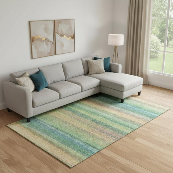 HomeRoots 10' X 14' Sage and Peach Striped Area Rug – Washable, UV-Protected, Non-Slip for Indoor & Outdoor Use 717572