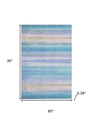 HomeRoots 5' X 8' Aqua and Lavender Striped Washable Area Rug - Durable, UV Protected, Family-Friendly Design 717574