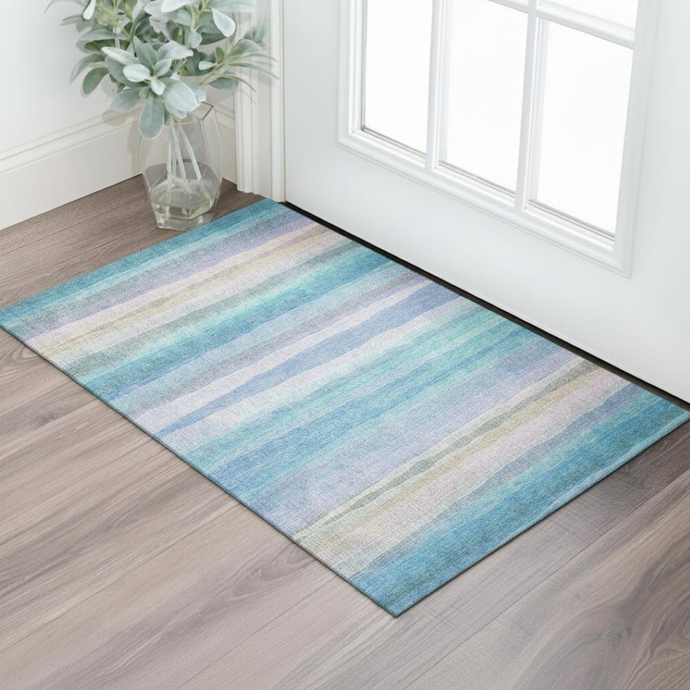 HomeRoots 5' X 8' Aqua and Lavender Striped Washable Area Rug - Durable, UV Protected, Family-Friendly Design 717574