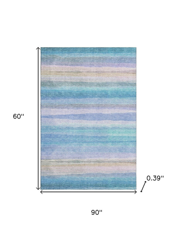 HomeRoots 8' Aqua and Lavender Striped Washable Round Rug - UV Protected, Stain-Resistant, Easy Care Décor Piece 717575