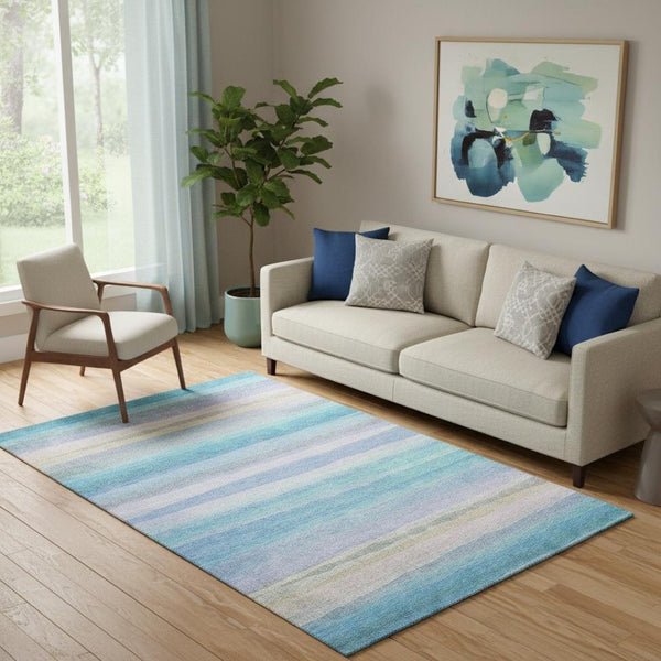 HomeRoots 8' Aqua and Lavender Striped Washable Round Rug - UV Protected, Stain-Resistant, Easy Care Décor Piece 717575