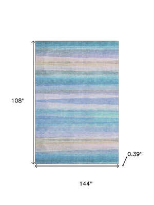 HomeRoots 10' X 14' Aqua & Lavender Striped Area Rug - Washable, UV Protected, Kid & Pet Friendly Design 717578