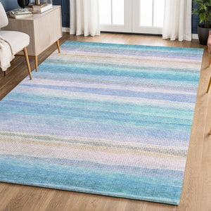 HomeRoots 10' X 14' Aqua & Lavender Striped Area Rug - Washable, UV Protected, Kid & Pet Friendly Design 717578