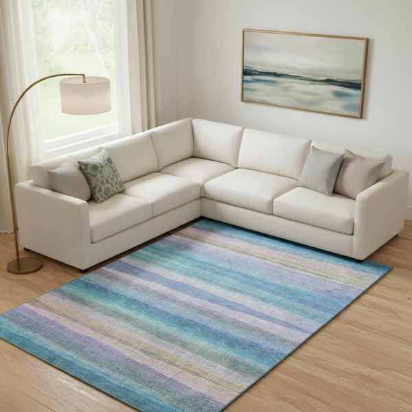HomeRoots 10' X 14' Aqua & Lavender Striped Area Rug - Washable, UV Protected, Kid & Pet Friendly Design 717578