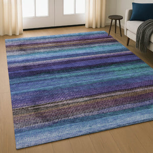 HomeRoots 8' Blue and Purple Striped Washable Round Rug - Durable, UV-Protected, Ideal for High-Traffic Areas 717581
