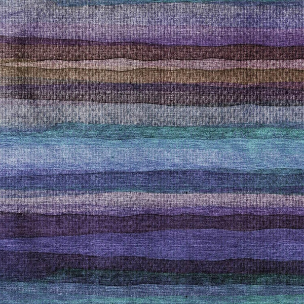 HomeRoots 8' Blue and Purple Striped Washable Round Rug - Durable, UV-Protected, Ideal for High-Traffic Areas 717581