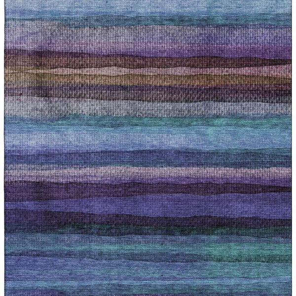 HomeRoots 8' Blue and Purple Striped Washable Round Rug - Durable, UV-Protected, Ideal for High-Traffic Areas 717581