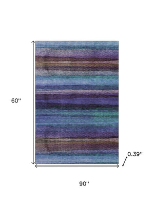 HomeRoots 8' Blue and Purple Striped Washable Round Rug - Durable, UV-Protected, Ideal for High-Traffic Areas 717581