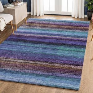 HomeRoots 8' Blue and Purple Striped Washable Round Rug - Durable, UV-Protected, Ideal for High-Traffic Areas 717581