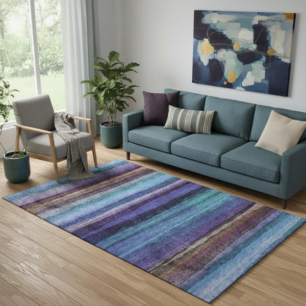 HomeRoots 8' Blue and Purple Striped Washable Round Rug - Durable, UV-Protected, Ideal for High-Traffic Areas 717581