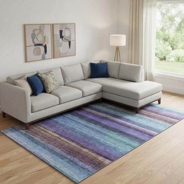 HomeRoots 9' X 12' Washable Area Rug in Blue & Purple Stripes – UV Protected, Stain Resistant, Non-Slip Design 717583