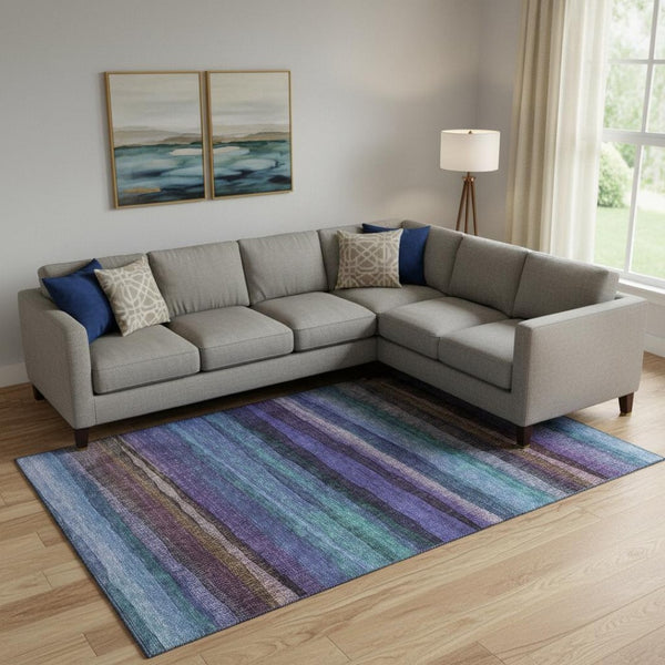 HomeRoots 10' X 14' Striped Blue and Purple Washable Area Rug with UV Protection for Vibrant, Easy Living Spaces 717584