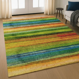 HomeRoots 5' X 8' Green and Teal Striped Area Rug - Washable, UV Protected, Durable, Soft & Stain Resistant! 717586