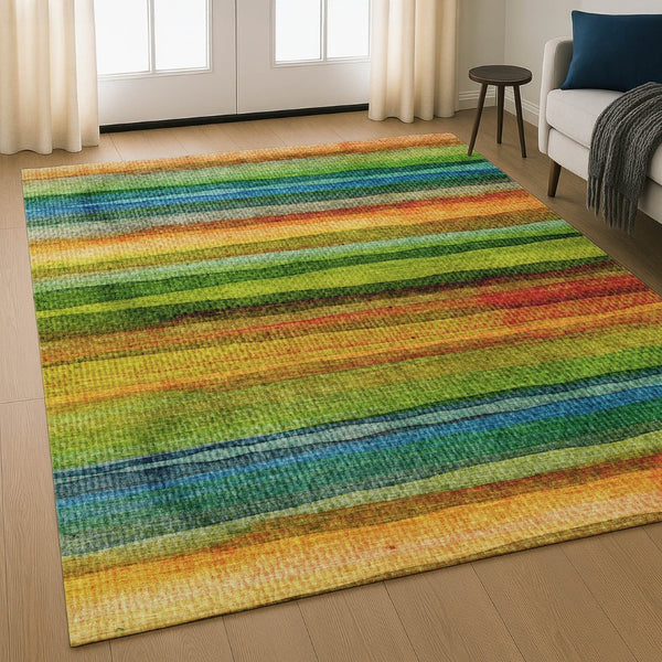 HomeRoots 5' X 8' Green and Teal Striped Area Rug - Washable, UV Protected, Durable, Soft & Stain Resistant! 717586