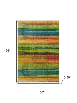 HomeRoots 5' X 8' Green and Teal Striped Area Rug - Washable, UV Protected, Durable, Soft & Stain Resistant! 717586