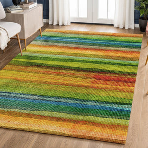HomeRoots 5' X 8' Green and Teal Striped Area Rug - Washable, UV Protected, Durable, Soft & Stain Resistant! 717586