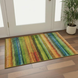 HomeRoots 5' X 8' Green and Teal Striped Area Rug - Washable, UV Protected, Durable, Soft & Stain Resistant! 717586