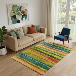 HomeRoots 8' Green and Teal Striped Washable Round Rug - Durable, UV-Protected & Ideal for Busy Homes! 717587