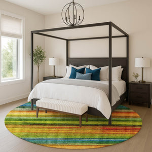 HomeRoots 8' X 10' Stylish Green and Teal Striped Washable Area Rug with UV Protection for Any Space 717588