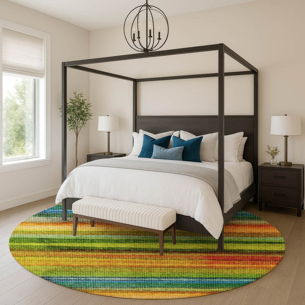 HomeRoots 8' X 10' Stylish Green and Teal Striped Washable Area Rug with UV Protection for Any Space 717588